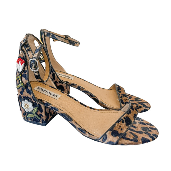 Steve Madden Shoes - Steve Madden Inca Leopard Print Floral Embellished Block Heel Sandal Brown Sz 9